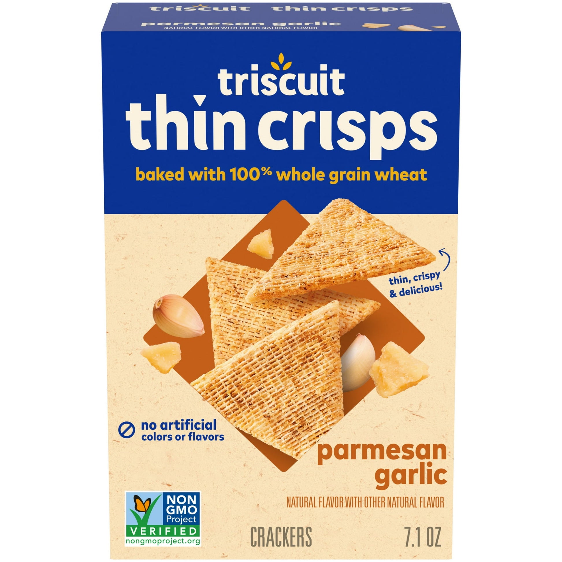 Triscuit Thin Crisps Parmesan Garlic Whole Grain Wheat Crackers are made simply with quality ingredients. Baked to perfection, these snack crackers use 100% whole grain wheat proudly grown in the USA and sunflower oil. These crackers have their signature woven texture, are Kosher, Non-GMO, have no artificial colors or flavors and are a good source of dietary fiber (see nutritional information for fat content).