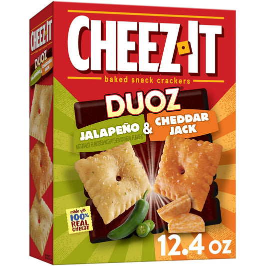 Make snack time more fun with two bold Cheez-It flavors mixed together in one box. Cheez-It Baked Snack Crackers are made with 100% real cheese that's been carefully aged for a one-of-a-kind taste in every crunchy bite. A baked snack, Cheez-It crackers are perfect for game time, party spreads, school lunches, late-night snacking and more - the cheesy options are endless. You'll love the bold flavor of real cheddar jack cheese and spicy jalapeno seasoning in every perfectly toasted handful of Cheez-It DUOZ J