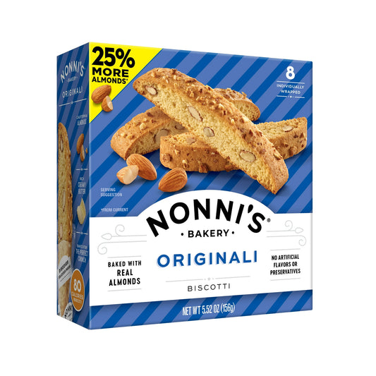 Real, Wholesome Ingredients. Made with real eggs, sugar, almonds, and butter. Baked twice for a light, crunchy texture that's delicately sweet and satisfying. Each box contains 8 Artisan Baked Originali Biscottis topped with Almonds which are Individually Wrapped and ready to eat. Artisan Baked, Italian Inspired From Family Tradition to Artisan Bakery Delights. The story of Nonni's began in the Tuscan town of Lucca, Italy. That's where our founder's beloved grandmother known as Nonni first baked her delicio