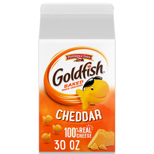 Serve up a snack the whole family will enjoy with Pepperidge Farm Goldfish Cheddar Cheese Crackers, the fun, fish-shaped snack crackers with a smile. These baked cheese snacks are made with ingredients you can feel good about, including 100% real Cheddar cheese and no artificial flavors or preservatives. The great taste and fun, bite-sized shape of Goldfish crackers make them the perfect at-home or on-the-go snacks for kids and adults. Crunchy and cheesy with an irresistible flavor, they’re a munchable must