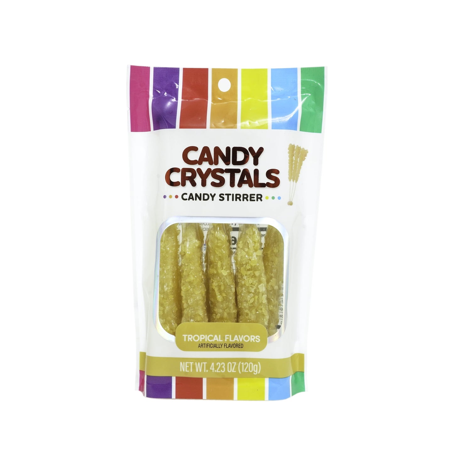 Hilco Candy Crystals, Tropical Flavored Gold Stirrers, 4.23 oz, 8 Packs are a perfect addition to your next birthday party, Galentine's Day soiree, or hostess gift bag or basket. These cute candies have a sweet flavoring that is reminiscent of lazy summer days and bike rides to the five and dime store. The Tropical Flavored Gold Stirrer reminds you of the classic candy store look and feel from decades past. You can smell the nostalgia! Add these to your next fruit and candy basket for a personalized birthda