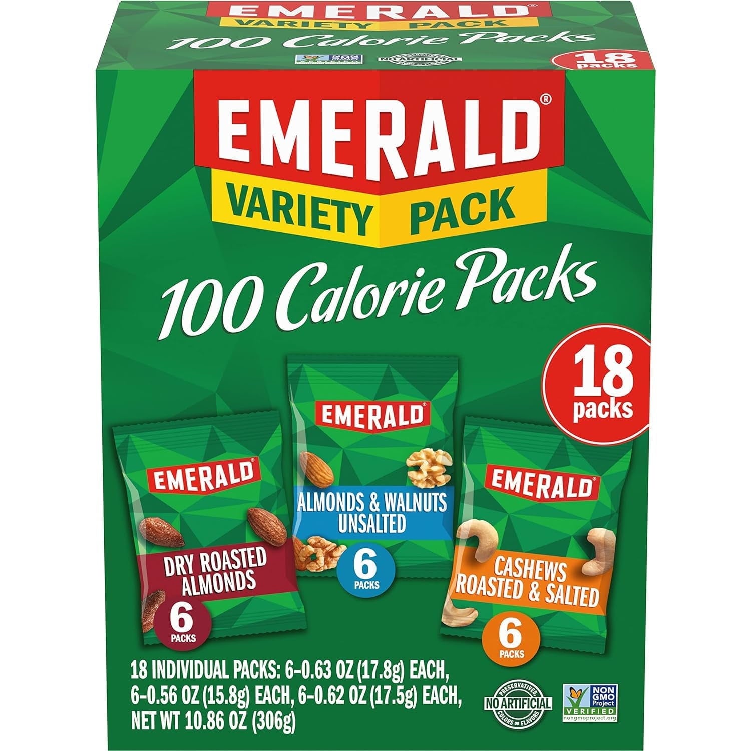 Emerald's Mixed Nuts Variety 100-Calorie Packs are perfectly portioned! There are 3 different flavors, including Dry Roasted Almonds, Natural Almonds & Walnuts, and Roasted & Salted Cashews. We source only the tastiest, highest-quality nuts! They are Kosher Certified, non-GMO, and contain no artificial preservatives, flavors or synthetic colors. Nuts are the ideal on-the-go, read-to-eat, travel-friendly snack for kids and adults! Our nuts are cholesterol free and contain no high fructose corn syrup.