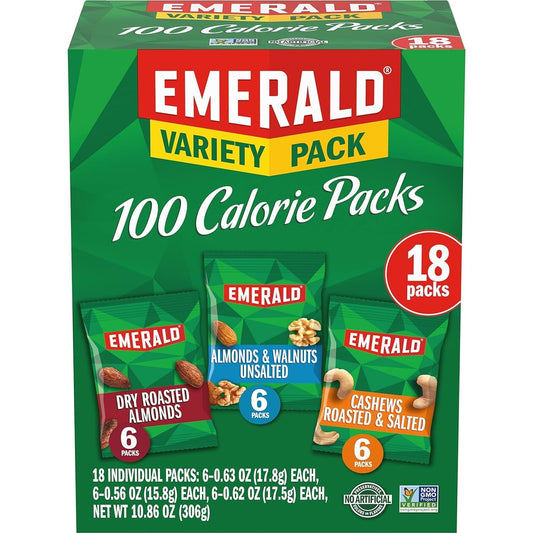 Emerald's Mixed Nuts Variety 100-Calorie Packs are perfectly portioned! There are 3 different flavors, including Dry Roasted Almonds, Natural Almonds & Walnuts, and Roasted & Salted Cashews. We source only the tastiest, highest-quality nuts! They are Kosher Certified, non-GMO, and contain no artificial preservatives, flavors or synthetic colors. Nuts are the ideal on-the-go, read-to-eat, travel-friendly snack for kids and adults! Our nuts are cholesterol free and contain no high fructose corn syrup.