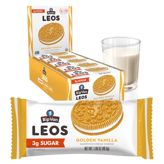 "Rip Van Leos are a delicious, crunchy treat inspired by traditional sandwich cookies. Made with all-natural ingredients, these Golden Vanilla Leos, similar to Oreos, allow you to indulge guilt-free. Perfect for on-the-go and coffee breaks, each serving contains just 110 calories. Rip Van Leos have 50% less sugar than Oreos, Tate's, and BelVita, and offer 3 times more fiber than Nutri-Grain bars and Sugar Wafers. Endurance athletes love their low-sugar, high-carb ratio for longer, stronger training sessions