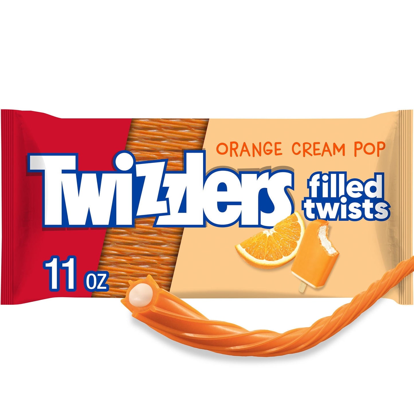 Add a little more pizzazz to your everyday snack routine with TWIZZLERS Filled Twists orange cream pop flavored chewy candy. Grab a few of these fruit flavored TWIZZLERS Filled Twists candies during your lunch break or share a few with your friends at a picnic. Better yet, keep a supply of TWIZZLERS Filled Twists candies stocked in the pantry for a family-fun movie marathon or for after dinner as a dessert. Low fat and kosher certified, these TWIZZLERS candies make the perfect snack. Grab all your favorite 