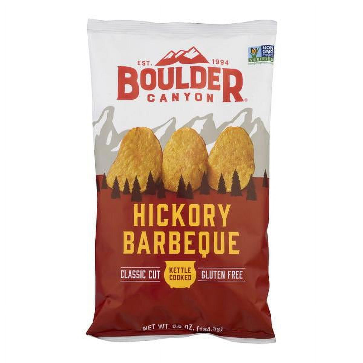 Get smoky flavor with Boulder Canyon Kettle Cooked Potato Chips. They are deliciously flavored, free gluten and made with all-natural ingredients. The sweet flavor of the hickory barbecue chips is paired with garlic and onion to give the snack a memorable taste. Made with premium American grown potatoes from an original family recipe, they are created in small batches, thickly sliced and deliciously crunchy. Boulder Canyon potato chips are available in packs of twelve 6.5 oz bags. The packaging makes it eas