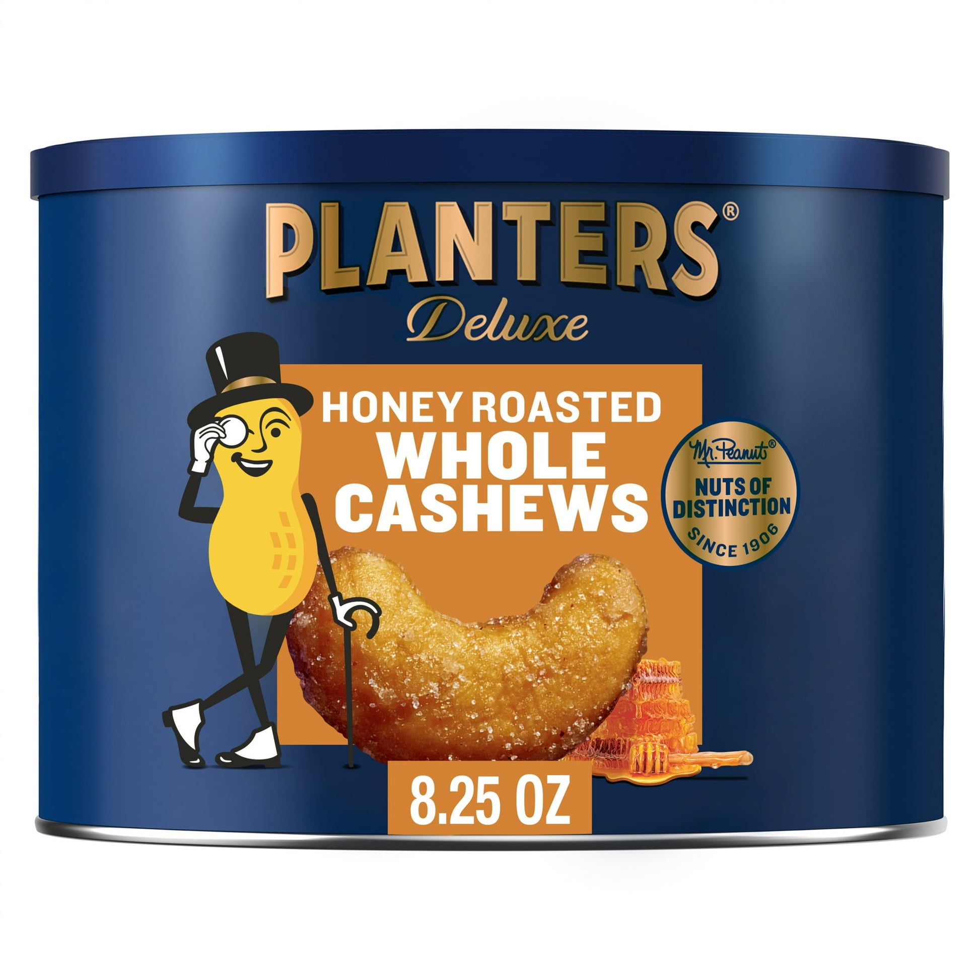 PLANTERS Deluxe Honey Roasted Whole Cashews have all your cravings covered with a satisfying combination of sweet and salty flavors. For more than 100 years, the makers of PLANTERS nuts have been bringing people together with irresistibly crunchy snacks for any occasion. These premium honey roasted cashews keep that tradition alive by bringing together the sweetness of honey and the rich roasted flavor of salted cashews. Crave better with 0g trans fat per serving, Kosher cashews that deliver the ultimate ba