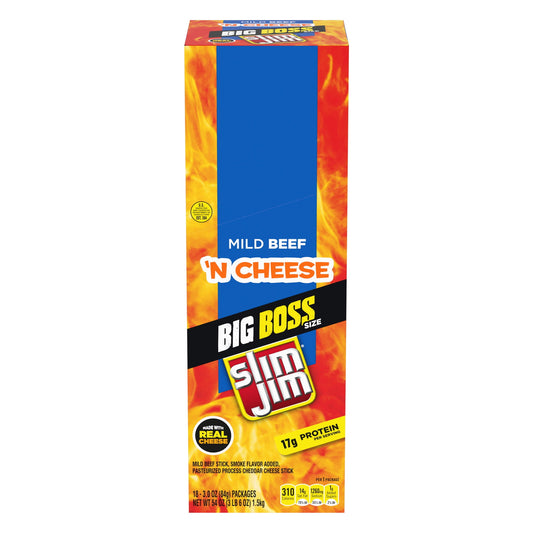 Slim Jim is America’s #1 brand of meat stick, now with cheese. This beef stick comes with a cheddar cheese stick, because beefy appetites require an even beefier snack. Each snack contains 19 grams of protein and is twice the size of the 1.5-ounce Beef ‘n Cheese Snack Stick. Perfect for a snack on the go.