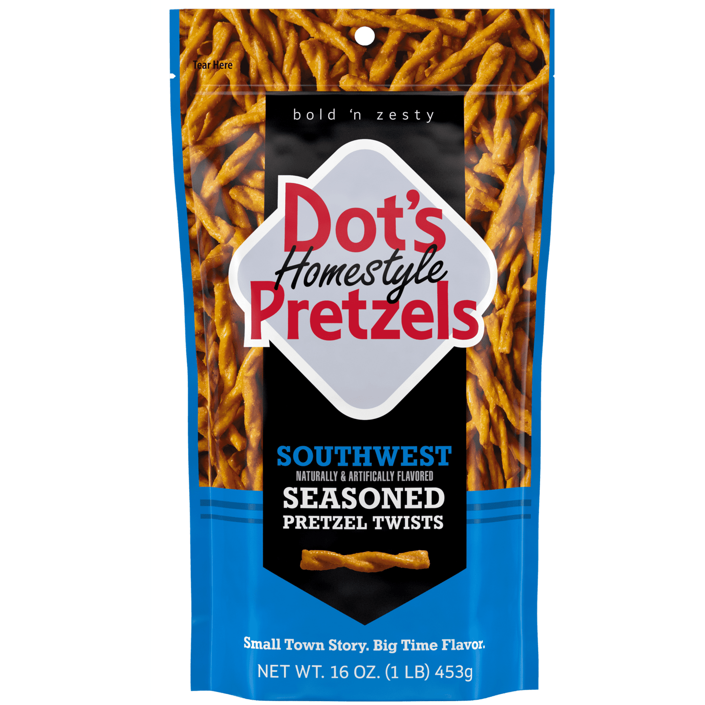 Get ready for the snack adventure of your life! Dot's Southwest Seasoned Pretzel Twists are braided and dusted with Dot's Southwest seasoning blend. Each pretzel twist envelopes your taste buds in a delightful swirl of bold and zesty tang. The 16-ounce family-size bag is perfect for adding to your back to school essentials, sharing with others or enjoying on your own by the handful. Whether you're tailgating, working at the office, watching a movie, or traveling. Dot's Pretzels are completely fish-free, pro