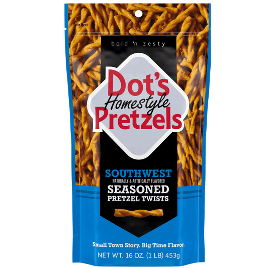 Get ready for the snack adventure of your life! Dot's Southwest Seasoned Pretzel Twists are braided and dusted with Dot's Southwest seasoning blend. Each pretzel twist envelopes your taste buds in a delightful swirl of bold and zesty tang. The 16-ounce family-size bag is perfect for adding to your back to school essentials, sharing with others or enjoying on your own by the handful. Whether you're tailgating, working at the office, watching a movie, or traveling. Dot's Pretzels are completely fish-free, pro