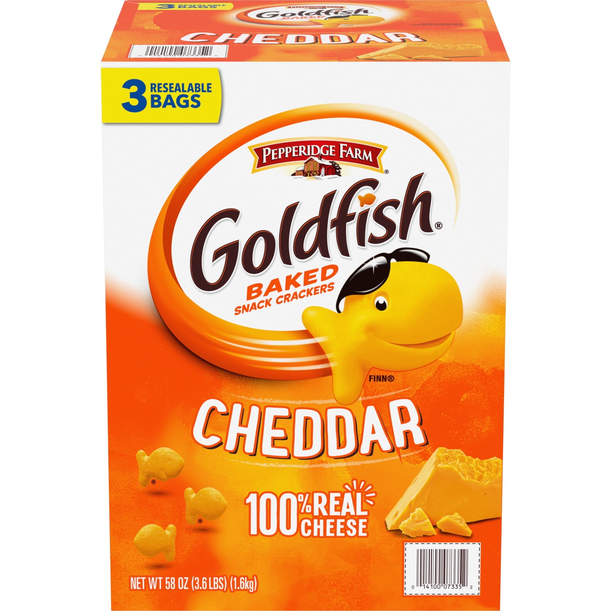 The Snack that Smiles Back: with Goldfish crackers, the smiles come naturally. Baked with 100% real cheddar cheese, Goldfish Cheddar crackers are a snack the whole family will adore with no artificial flavors or preservatives. Stock up with this box of 3 resealable bags of Goldfish crackers in classic Cheddar flavor. For Pepperidge Farm, baking is more than a job. It's a real passion. Each day, the Pepperidge Farm bakers take the time to make every cookie, pastry, cracker and loaf of bread the best way they