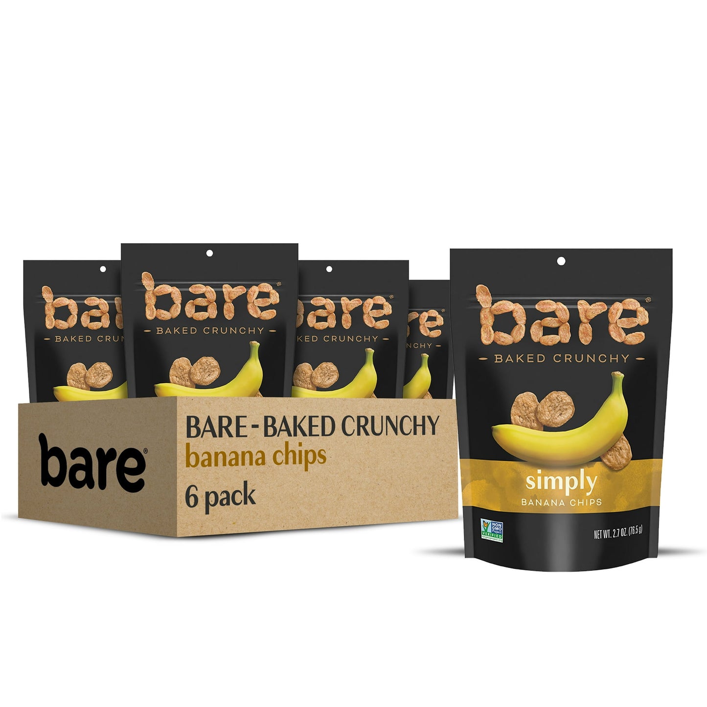 Bare Baked Crunchy Banana Chips are made from fresh bananas that are sliced, then slowly baked to a perfect crunch, with no added oil or sugar. Unlike other dried fruit options, bare combines the goodness of fruit with the crunch of a chip, which makes them a portable, convenient, anytime snack that's truly satisfying. Bare Snacks makes crave-ably crunchy fruit and veggie chips that are baked never fried, gluten free, non-GMO, with no preservatives or anything artificial.