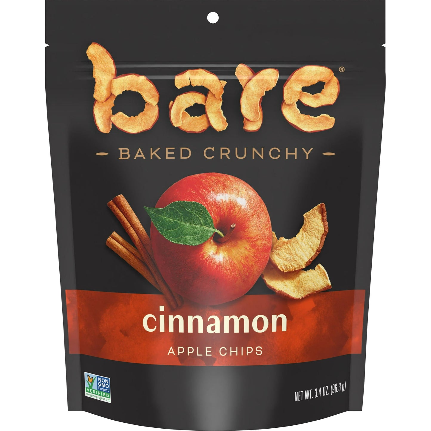 Includes 1 (3.4 oz) bag of Bare Baked Crunchy Cinnamon Apple Chips. Bare Baked Crunchy Apple Chips are made from real fresh apples that are sliced, then slowly baked to a perfect crunch, with no added sugar and no preservatives. Unlike other dried fruit options, bare combines the goodness of fruit with the crunch of a chip, which makes them a portable, convenient, anytime snack that's truly satisfying. At bare, we believe the less you add, the more you taste. All our snacks are made with simple ingredients,