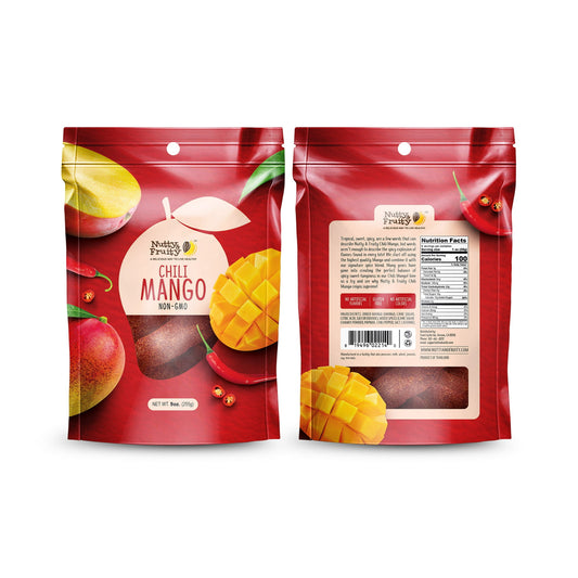 Tropical, sweet, and spicy, are a few words that can describe Nutty & Fruity Chili Mango, but words aren't enough to describe the spicy explosion of flavors found in every bite! We start off using the highest quality mango and combine it with our signature spice blend. Many years have gone into creating the perfect balance of spicy-sweet-tanginess in our Chili Mango! Give us a try and see why Nutty & Fruity Chili Mango reigns supreme!