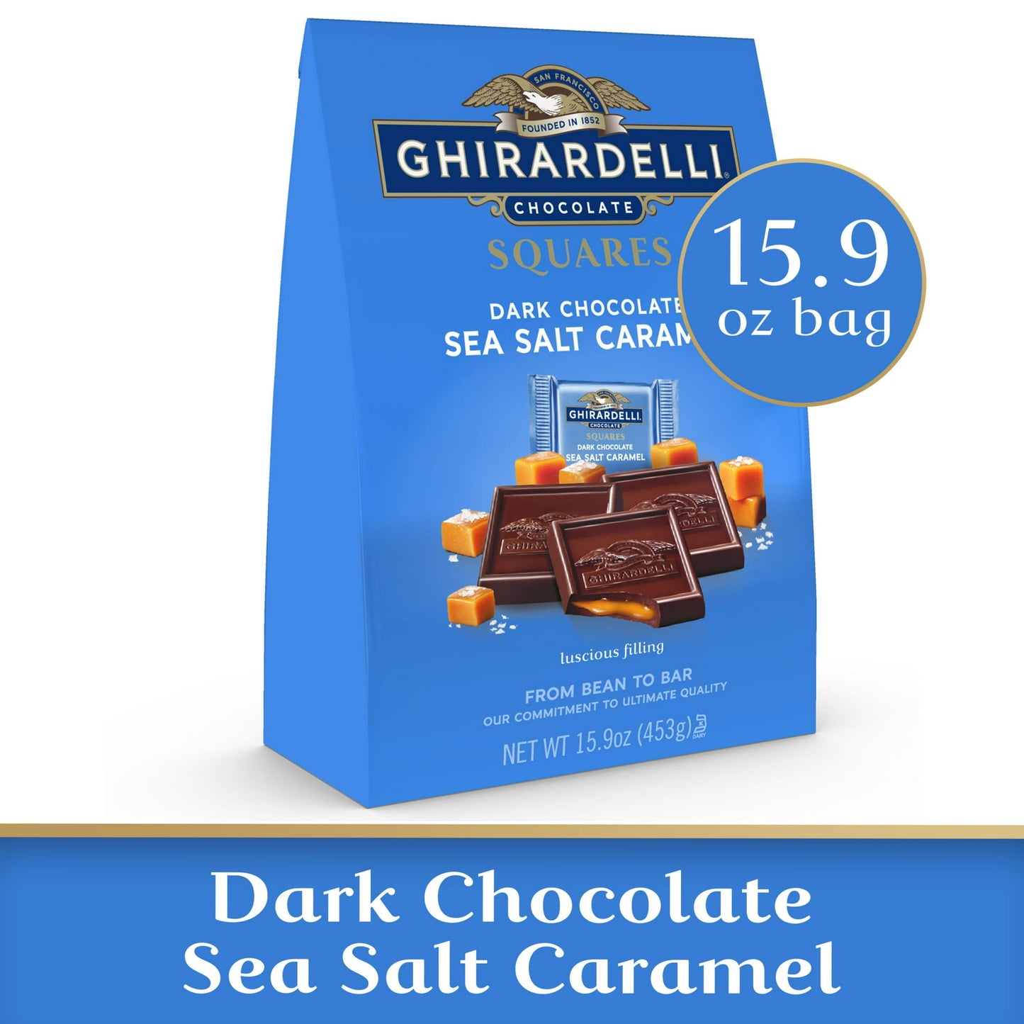 Savor a moment to yourself with GHIRARDELLI Dark Chocolate Sea Salt Caramel squares. This 15.9-ounce bag of individually wrapped candy squares is perfect for gifting, entertaining and personal enjoyment. Filled with luscious caramel with a touch of sea salt, these slow-melting dark chocolate GHIRARDELLI SQUARES are the perfect treat for any time of day. GHIRARDELLI dark chocolate sea salt caramel squares are individually wrapped, making them ideal to tuck in purses, bags and desk drawers for an afternoon pi