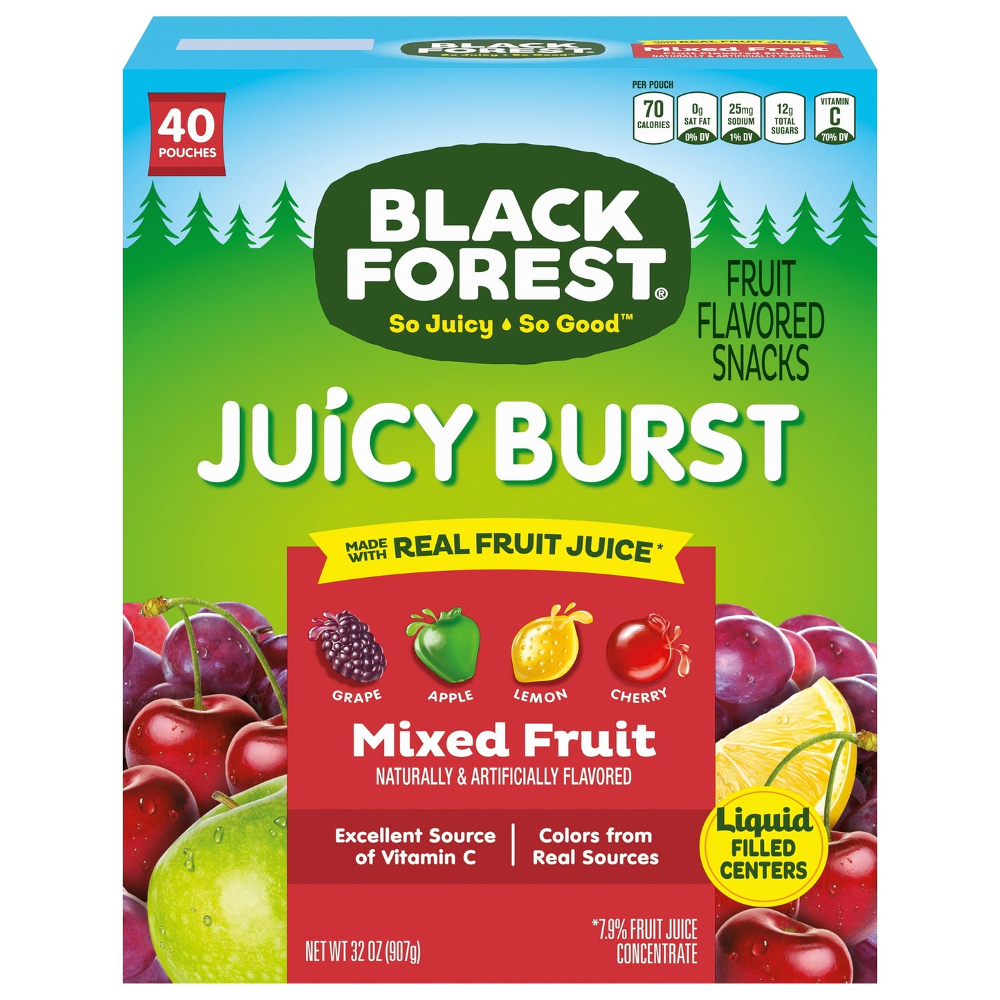 Black Forest Juicy Burst: Mixed Fruit have liquid centers that burst with grape, apple, lemon, and cherry flavor. These tasty treats are made with fruit juice*, are an excellent source of vitamin C and are gluten free and fat free.