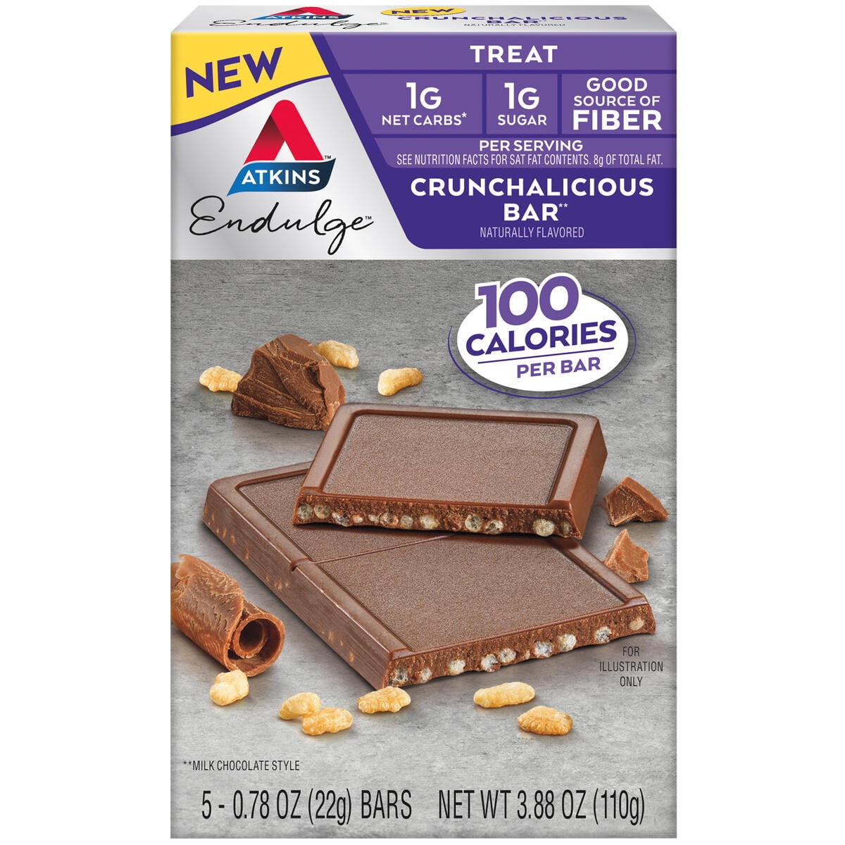 Enjoy Atkins™ Endulge Crunchalicious Chocolate Bars. Each sweet and crispy Endulge Crunchalicious Chocolate Bar is packed with chocolatey flavor. These mouth-watering, low sugar*, low carb* bars combine a light and airy crispiness with sweet and chocolatey decadence. These indulgent desserts are a great way to satisfy your sweet tooth with an after meal treat. Atkins Endulge Crunchalicious Bars are keto friendly* and have 1g of net carbs, 1g of sugar, and 100 calories per serving*