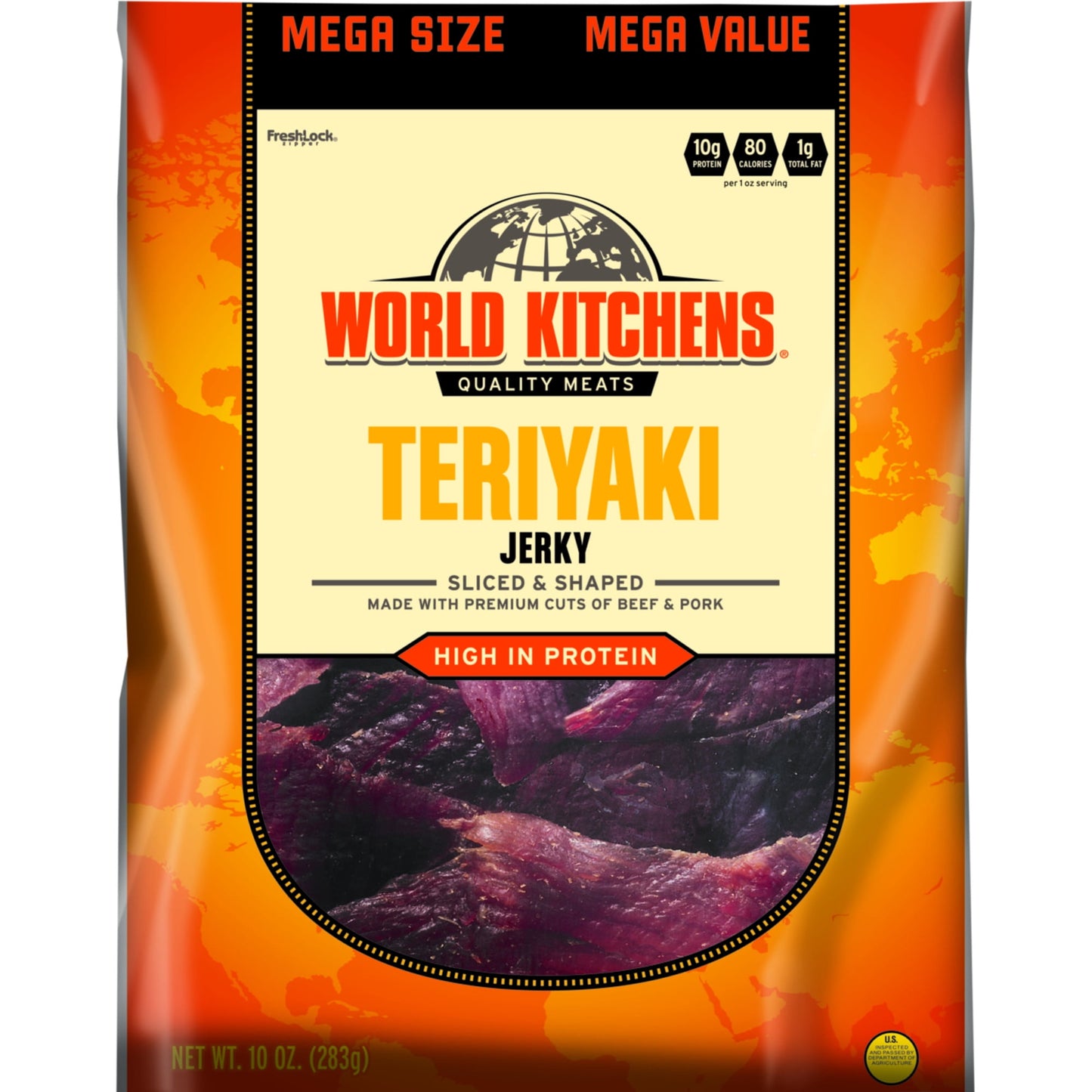 There are two major flavor components to a basic teriyaki?sweet and soy sauce. It?s a good thing World Kitchens Teriyaki Jerky is anything but basic. The tender bite of this jerky helps to bring out the delicious combination of quality beef and pork while the perfect combination of ingredients creates a teriyaki explosion. This flavor profile is wrapped up by a bold smoke flavor.