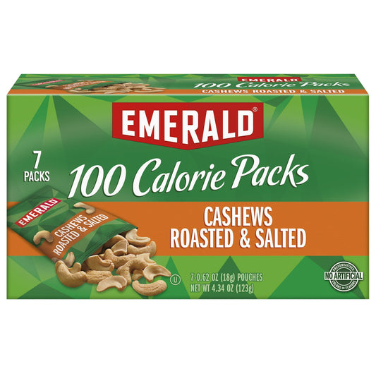 Emerald Cashew Halves & Pieces 100 Calorie Packs- 7 Packet Box, 0.56 oz each packet. We only use halves and pieces with that buttery, creamy texture cashew-lovers demand. These reward your taste buds with a sweet taste with no added sugars.