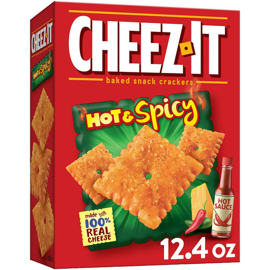 Outrageously cheesy and ridiculously craveable, Cheez-It baked snack crackers are deliciously crunchy little crackers that have captured cheese-lovers for decades. Discover a crowd-favorite snack made with 100% real cheese and hot and spicy flavor baked to crispy perfection for an irresistible taste in every crunchy bite. Each lightly salted cracker is loaded with a burst of cheesy flavor and a bold zing for spicy heat; Cheez-It baked snack crackers are a fan-favorite for game night, school snacks, family m