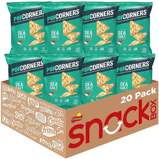 PopCorners Popped Corn Snacks, Sea Salt , Gluten Free, 1oz Bags, (20 Pack): 20 single serve bags of PopCorners Sea Salt Popped Corn Snacks in one convenient snack pack. It's the simple things in life that bring the most joy We can’t imagine doing ONE BETTER than with the perfect amount of sea salt for a simplicity that is bound to satisfy. Our snacks are made with Non-GMO Project Verified Corn, are never fried and are gluten free. Shelf-Stable / Ambient. Multipack Retail Packaging. Frito-Lay Chips and Snack