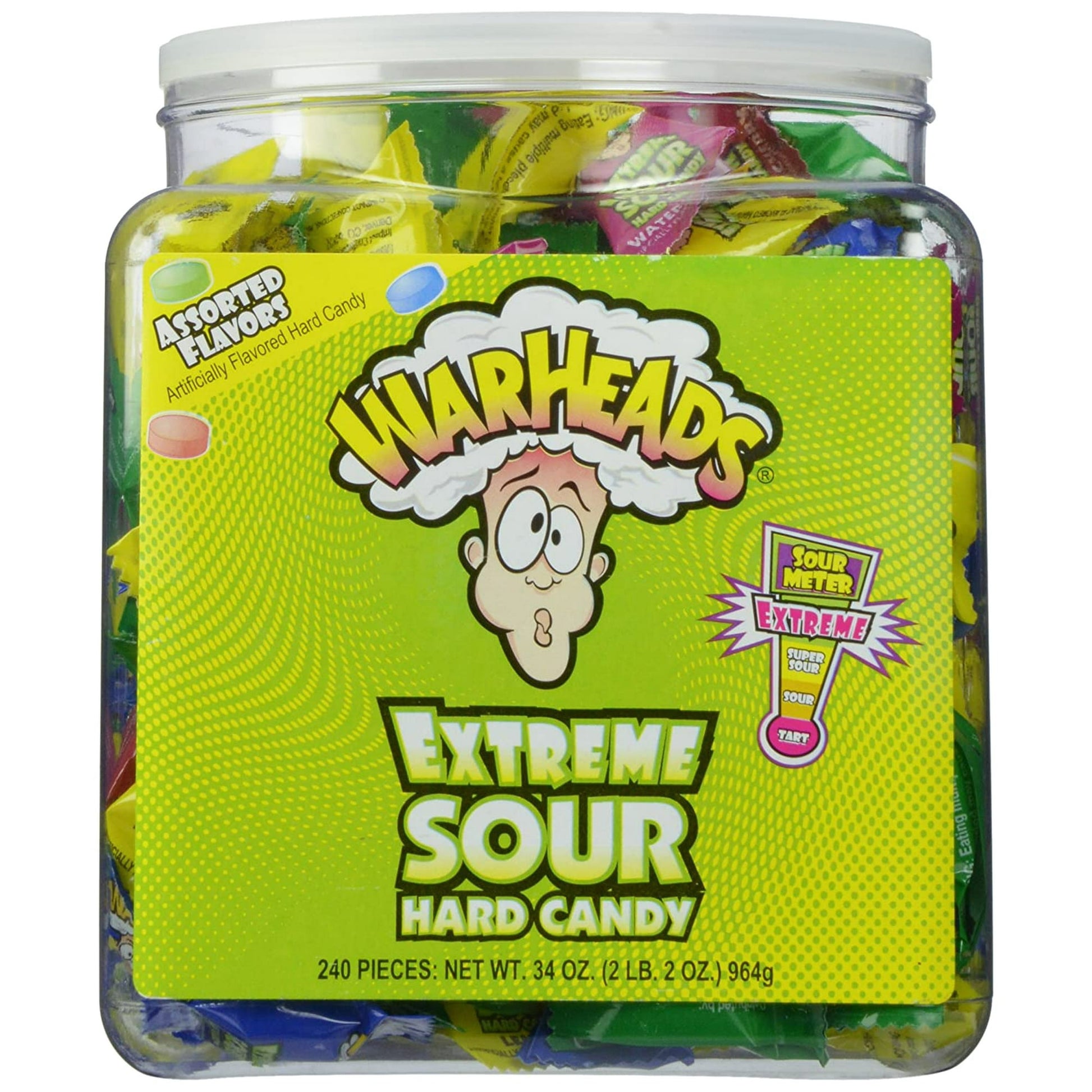 Warheads: 240-Piece TubExtremely sour Warheads are the only hard candies that will detonate a real thermal-nuclear sour explosion upon contact with your tongue. Buckle in!The assortment of sour fruit-flavored Warheads includes: Black Cherry, Blue Raspberry, Apple, Watermelon, and Lemon.Approximately 240 individually wrapped pieces per tub.Warheads Specifications Pounds per Shipment: 2.2Total Shipment Weight: Approximately 3.2 pounds