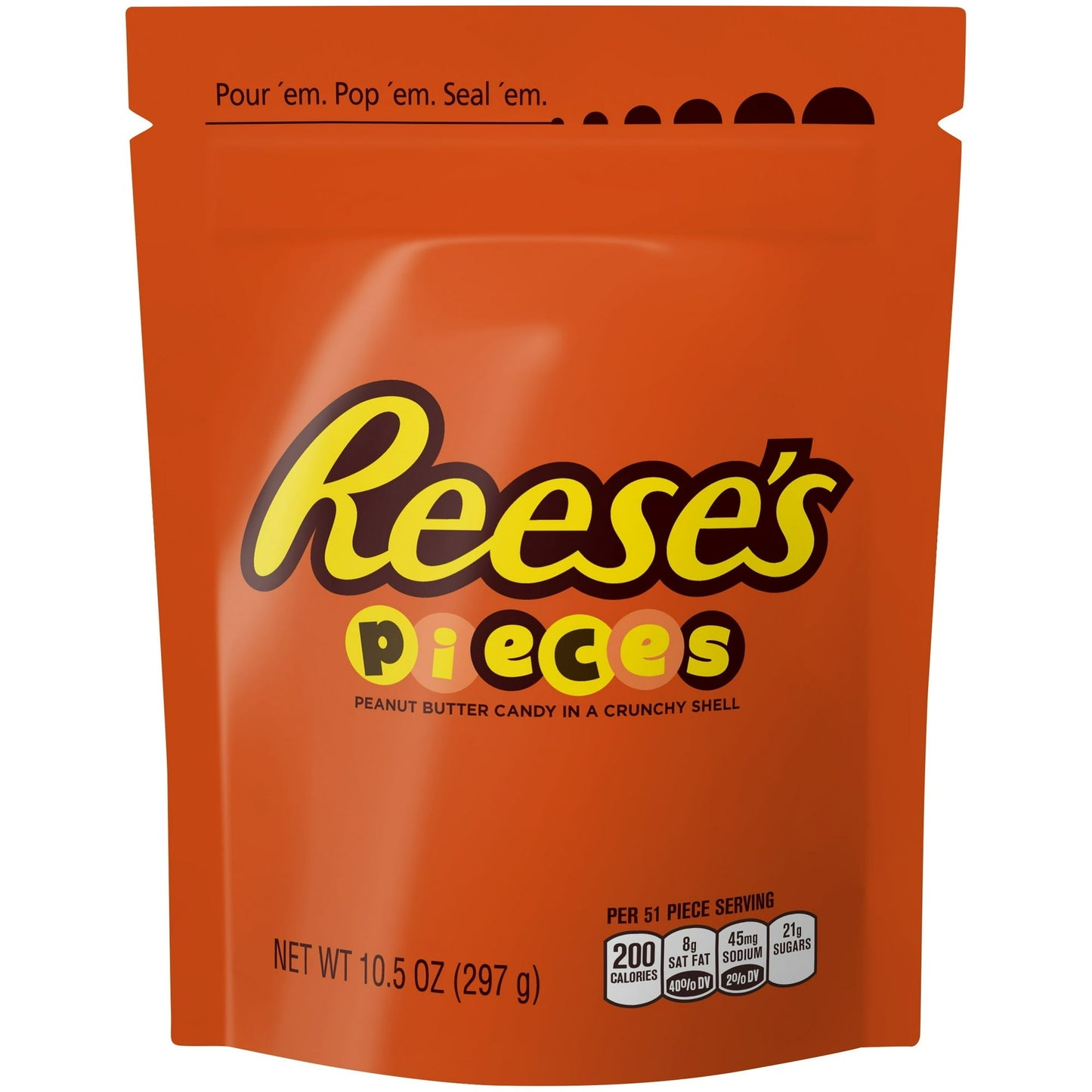 When you need a handful of peanut buttery happiness, reach for the Reese's Pieces Milk Candy. They're seriously satisfying and delightfully crunchy. These Reese's candy has Reese's peanut butter taste in colorful candy shells. They're great for snacking at home or on the go. These Reese's peanut butter candy pieces are gluten-free and kosher to meet your dietary needs. They can be used as a topping for desserts.