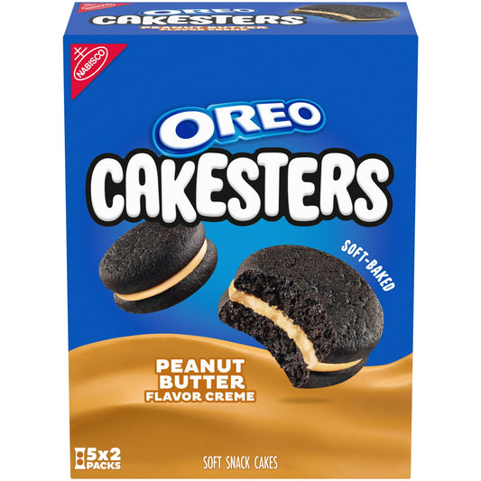 OREO Peanut Butter Creme Cakesters Soft Snack Cakes are a delicious, soft-baked twist on a classic sweet treat. These OREO snack cakes sandwich peanut butter flavor creme filling between two chocolate cakes, making them tasty sweet snacks for all ages. Each snack pack of peanut butter OREO Cakesters includes 2 soft snack cakes making them ideal for packing in adult lunches, office snacks or after school snacks for teens and adults. These convenient snacks make a great addition to your grab-and-go snack trea