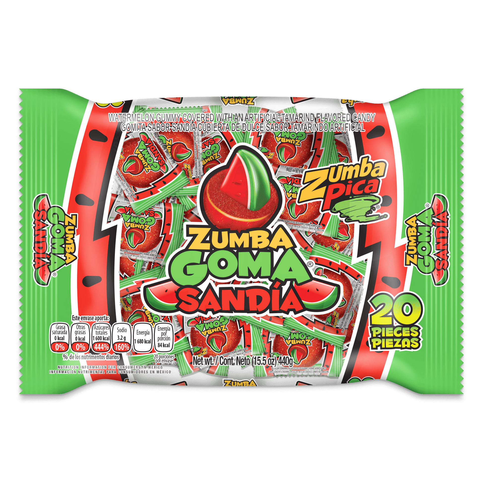 It's not a fiesta without Zumba Pica! Zumba Goma Sandia is a soft watermelon gummy candy covered in tamarind flavoring and guajillo chili powder for the perfect sweet, salty, and spicy candy. These traditional Mexican gummy candies are individually wrapped to preserve freshness and can be used to fill up pinatas, goody bags, or party favors for any celebration. Add some party games and party snacks, and let the fiesta begin!