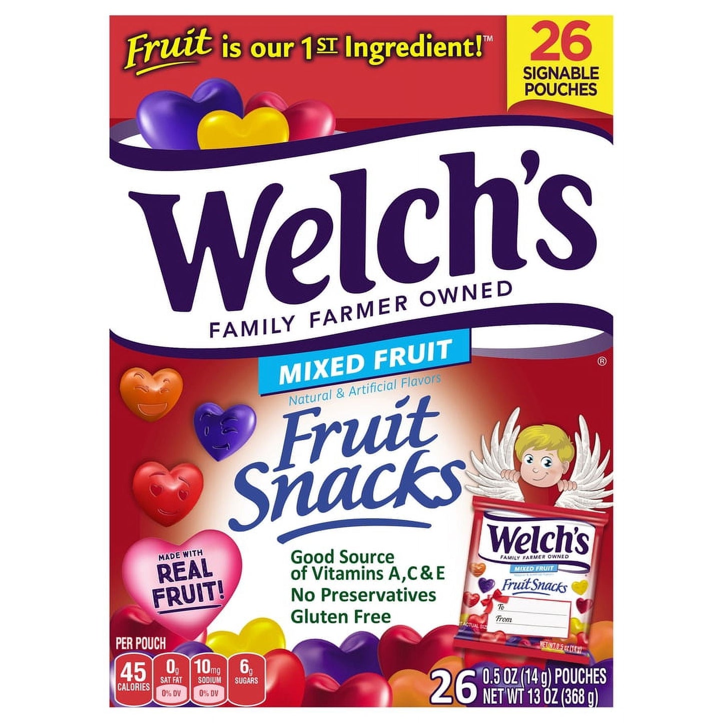 Our Welch's Valentine's Fruit Snacks 26ct Box is the perfect item for classroom exchanges. At Welch’s Fruit Snacks we always use Real Fruit as the First Ingredient, that’s why our fruit snacks are bursting with delicious taste. With over 10 mouthwatering Welch’s Fruit Snacks flavor varieties to love, it’s easy to find your family's favorite! Perfect tasty snack for school lunches, sporting games, the office and more. Welch’s Fruit Snacks bring a burst of delicious taste and a bright spot to your day.