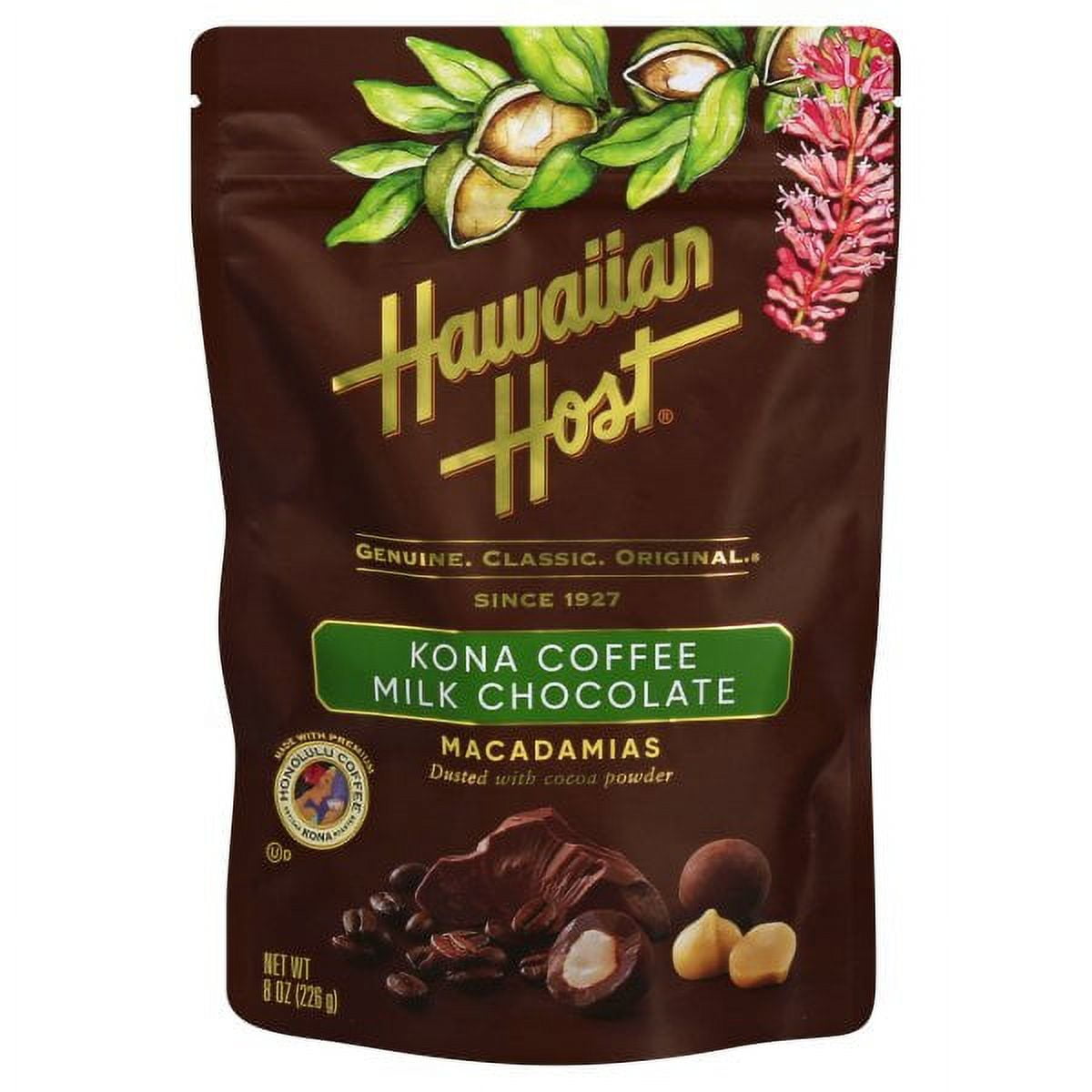 Genuine. Classic. Original. Dusted with powdered sugar. Made with premium Honolulu Coffee Artisan Kona Roaster. Silky milk chocolate wraps around delectable Kona coffee-glazed macadamia nuts, with added ground Honolulu Coffee for extra crunch. Dusted with cocoa powder, you can taste the Aloha in every delicious bite. When Mamoru Takitani, founder of Hawaiian Host, began making his chocolate covered macadamia nuts, he created a timeless classic. Today, we continue his legacy by sharing Aloha with our delicio