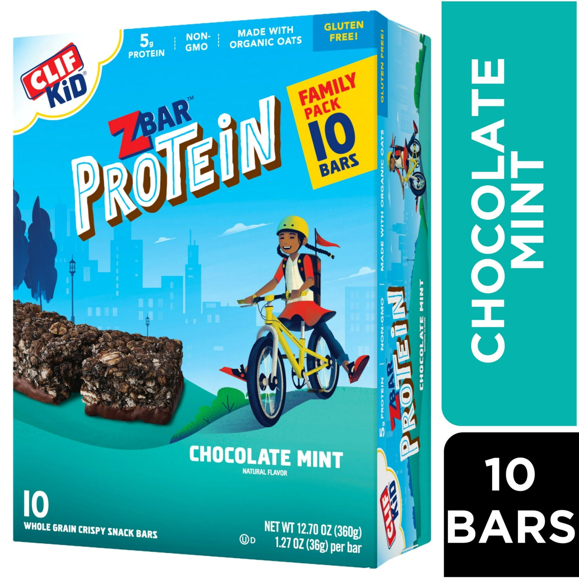 Crafted specially for growing kids, Zbar Protein (formerly Clif Kid) snack bars are lunchbox-ready protein bars with a crispy, crunchy texture in a variety of yummy flavors and a taste kids love. These individually-wrapped snacks have 5g of protein per bar and are crafted with organic oats to give kids protein to help them keep growing and exploring. As supporters of organic farming, Zbar Protein strives to help protect the planet for today’s kids, and for future generations. Zbar Protein Chocolate Mint gra