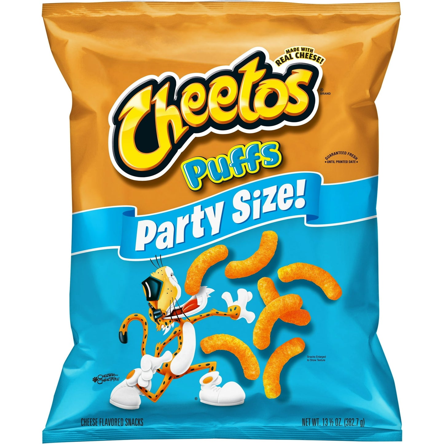 Cheetos Puffs Cheese Flavored Party Size Snack Chips, 13.5 Ounce Bag. Bold, cheesy flavor with a light and airy texture. CHEETOS Puffs Cheese Flavored Snacks are full of flavor and made with real cheese! CHEETOS snack chips are the much-loved cheesy treats that are fun for everyone! You just can’t eat a CHEETOS snack without licking the signature “cheetle” off your fingertips. And wherever the CHEETOS brand and CHESTER CHEETAH go, cheesy smiles are sure to follow. Shelf-Stable. Frito-Lay Snack Chips Brands.