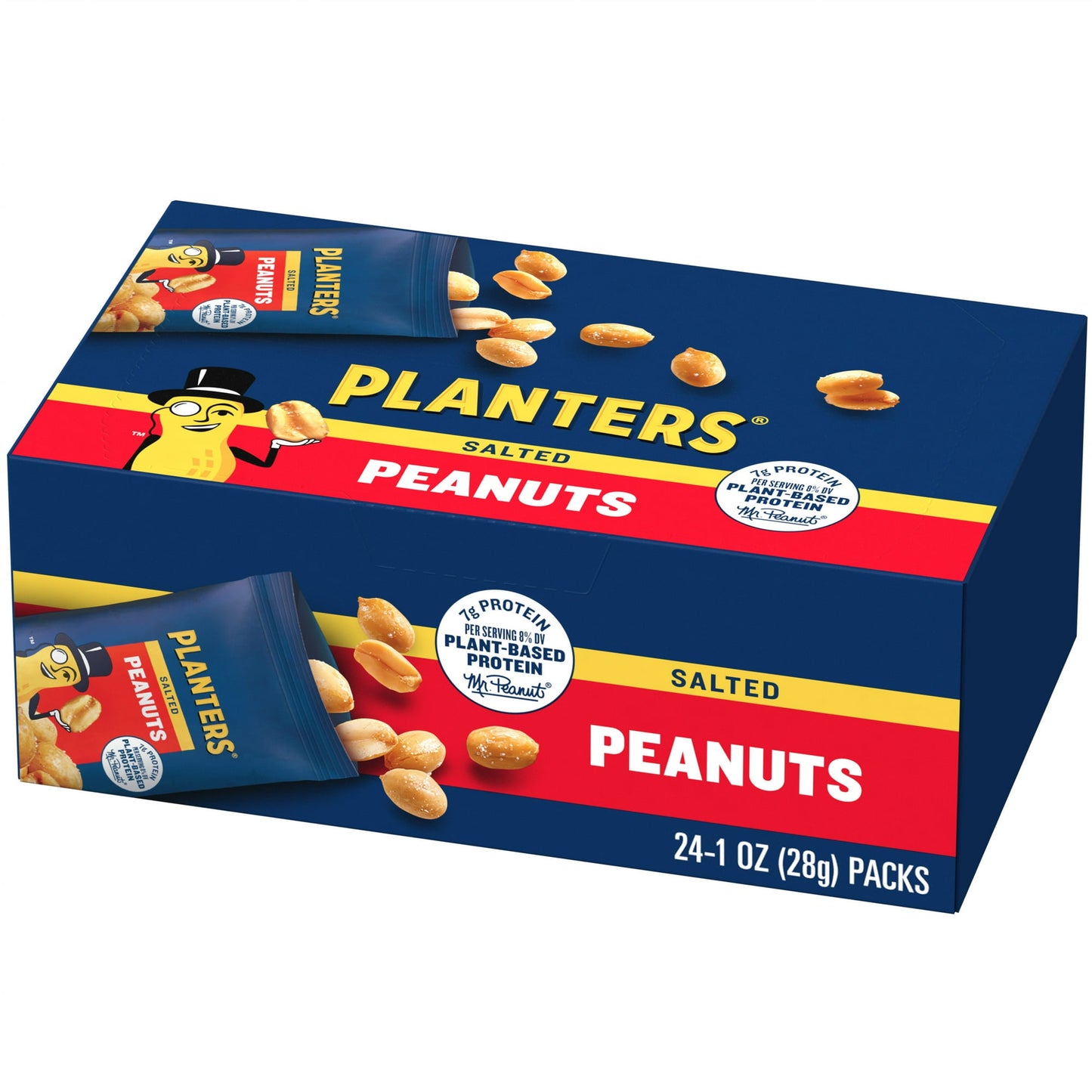 Planters Salted Peanuts follow the original Planters recipe everyone knows and loves. With a legendary taste and satisfying crunch, these peanuts are made with only three simple ingredients: peanuts, peanut oil and sea salt. Each peanut is finely seasoned with sea salt to enhance the natural roasted nut flavor. These perfectly roasted peanuts have 7 grams of protein and are a good source of vitamin E. Free of cholesterol and trans-fat, Planter's peanuts have 14 grams of fat per serving are the perfect on-th