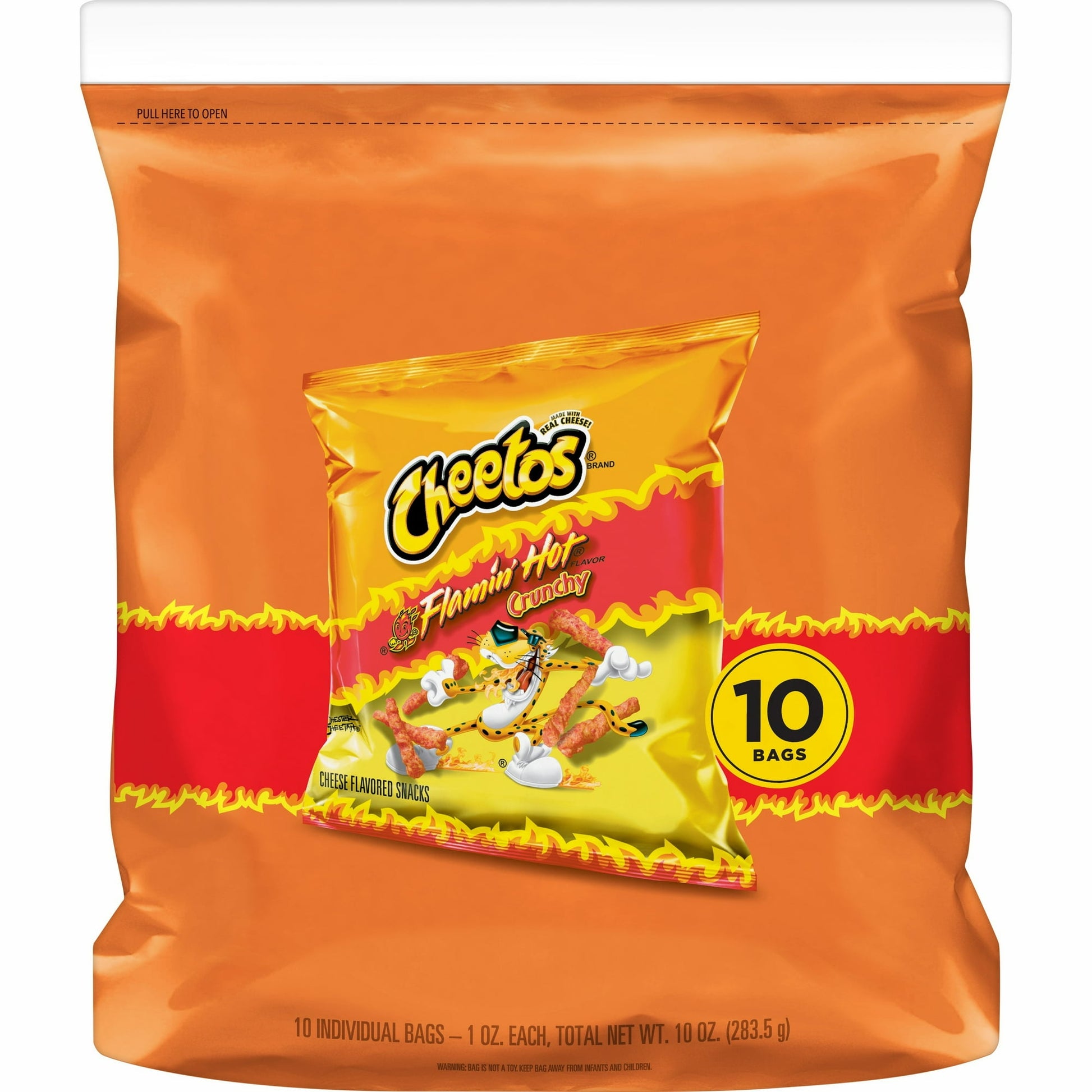 Bring a cheesy, delicious crunch to snack time with a bag of CHEETOS Crunchy Cheese-Flavored Snacks. Made with real cheese for maximum flavor. It's the crave-able cheesy taste you love, in a conveniently large size you can share (or not)! Party-Size Cheetos Crunchy Cheese-Flavored Snack Chips are your ticket to a tasty afternoon snack, a crowd-pleasing party snack or a fun bag-lunch surprise for your loved one. They're crunchy and made with real cheddar cheese, and they're good to the last lick of dust off 