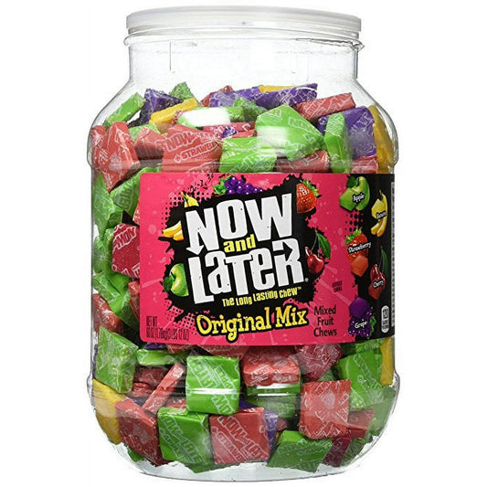 Experience a burst of bold, fruit flavor in every piece of Now and Later candy. A chewier texture meets our bold flavors for a different spin on the classic chew. This jar features an assortment of strawberry, apple, banana, cherry, grape, & watermelon fruit flavors. Now and Later has been providing The Long Lasting Chew since its origin as a penny candy in Brooklyn in 1862. Now manufactured by the Ferrara Candy Company, Now and Later is available in a wide variety of unique fruit flavors from cherry and wa