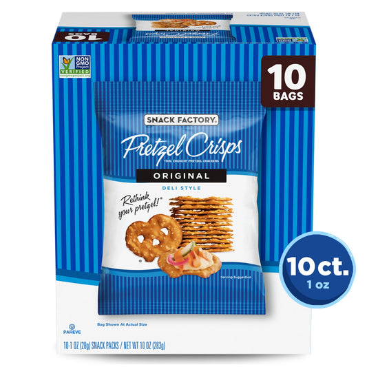 Snack Factory Original Pretzel Crisps are a modern twist on traditional pretzels. Baked thin and crunchy, this snack is a tasty, gourmet alternative to an old favorite. Pretzel Crisps give you the best part of pretzels without the doughy center, so they always have the crunch you love. Made from quality ingredients, they’re Non-GMO Project Verified. Always baked just right, their slim but sturdy profile holds up to almost anything, so Pretzel Crisps pair perfectly with salsa, hummus, cheese, peanut butter o