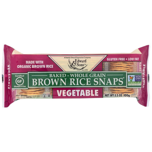 EDWARD AND SONS BROWN RICE SNAPS, VEGETABLE IS A DELICIOUS, CRISPY AND HEALTHY SNACK MADE WITH ORGANIC BROWN RICE. THESE SNAPS ARE OVEN BAKED RATHER THAN FRIED. THEY HAVE A SPECIAL BLEND OF ORGANIC BROWN RICE AND ORGANIC WHITE RICE FLOURS, EXPELLER PRESSED SUNFLOWER OIL AND SEASONINGS. THEY CAN BE ENJOYED ON THEIR OWN OR SERVED WITH A FAVORITE DIP OR SPREAD. EACH TRAY CONTAINS 3.5 OZ. OF GLUTEN-FREE, KOSHER, NON-GMO, ORGANIC, FAT FREE, SODIUM-FREE AND WHOLE GRAIN RICE SNACK. SEE NUTRITION FACTS PANEL FOR AL