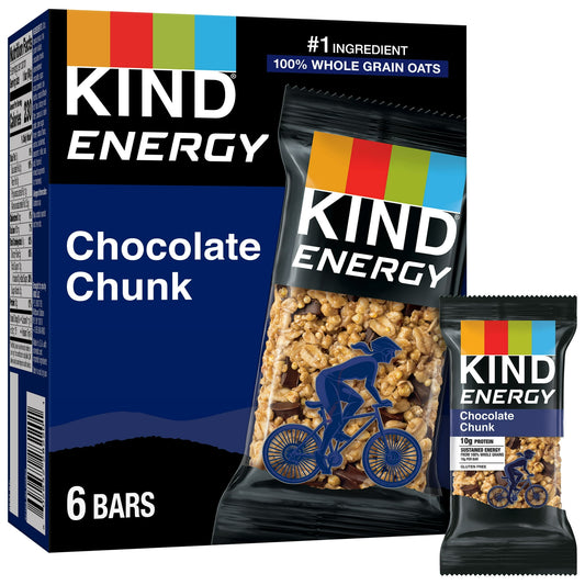 KIND Energy Chocolate Chunk bars are delicious snacks that help provide sustained energy from 19 grams of whole grains. These KIND Energy bars contain 100% whole grains - oats, quinoa, buckwheat, amaranth, and millet- with oats as the #1 ingredient. Dark Chocolate Chunks and oats combine to deliver gluten free snacks with a soft, chewy texture. Grab these individually wrapped snack to take on your adventures. This grains bar contains 19 grams of whole grains and 10 grams of protein. With wholesome ingredien