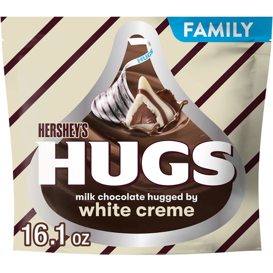 HERSHEY'S HUGS milk chocolate and white creme candies have the milk chocolate taste you know and love hugged by smooth, delectable white creme. Individually wrapped in stunning silver foils with red stripes, these kosher certified treats make the perfect treat to keep at home or in the office. Unwrap them and you'll find even more stripes thanks to the contrast of creamy milk chocolate and white creme. Featured in a family pack, you can fill your candy dishes, lunch boxes and snack drawers with HERSHEY'S HU