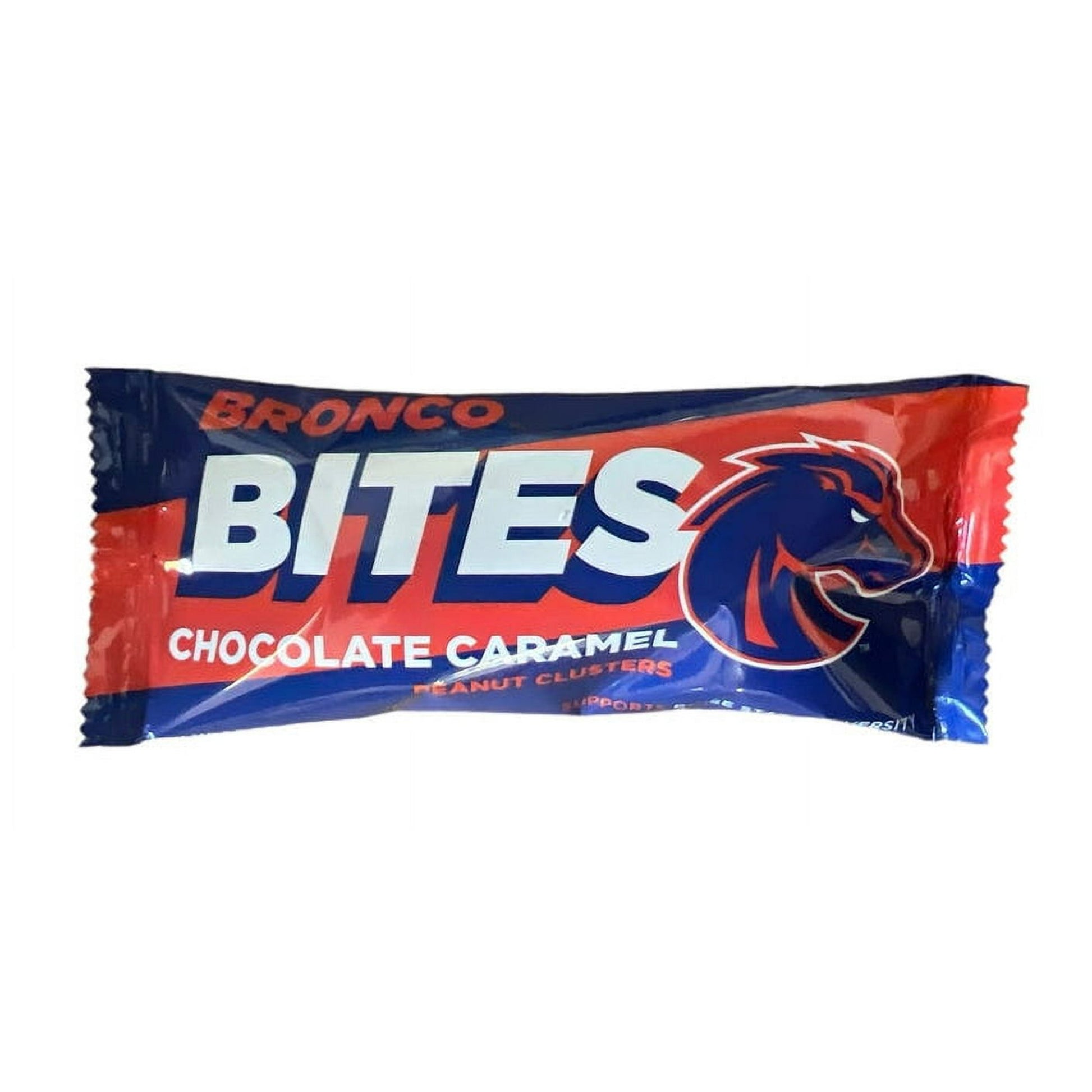 Bronco Bites Bar Caramel Peanuts Milk Chocolate Candy Bar 1.3 oz. The Bronco Bites Bar is our tribute to the Boise State University Broncos! Idaho Candy makes tasty, smooth caramel, pours it on top of fresh roasted peanuts, coats them with premium milk chocolate and then applies blue, orange and white sprinkles. You can't eat just one! These caramel peanut clusters are delicious, with caramel made the old fashioned way in copper kettles, deposited on peanuts and then dipped in wonderful milk chocolate. Idah