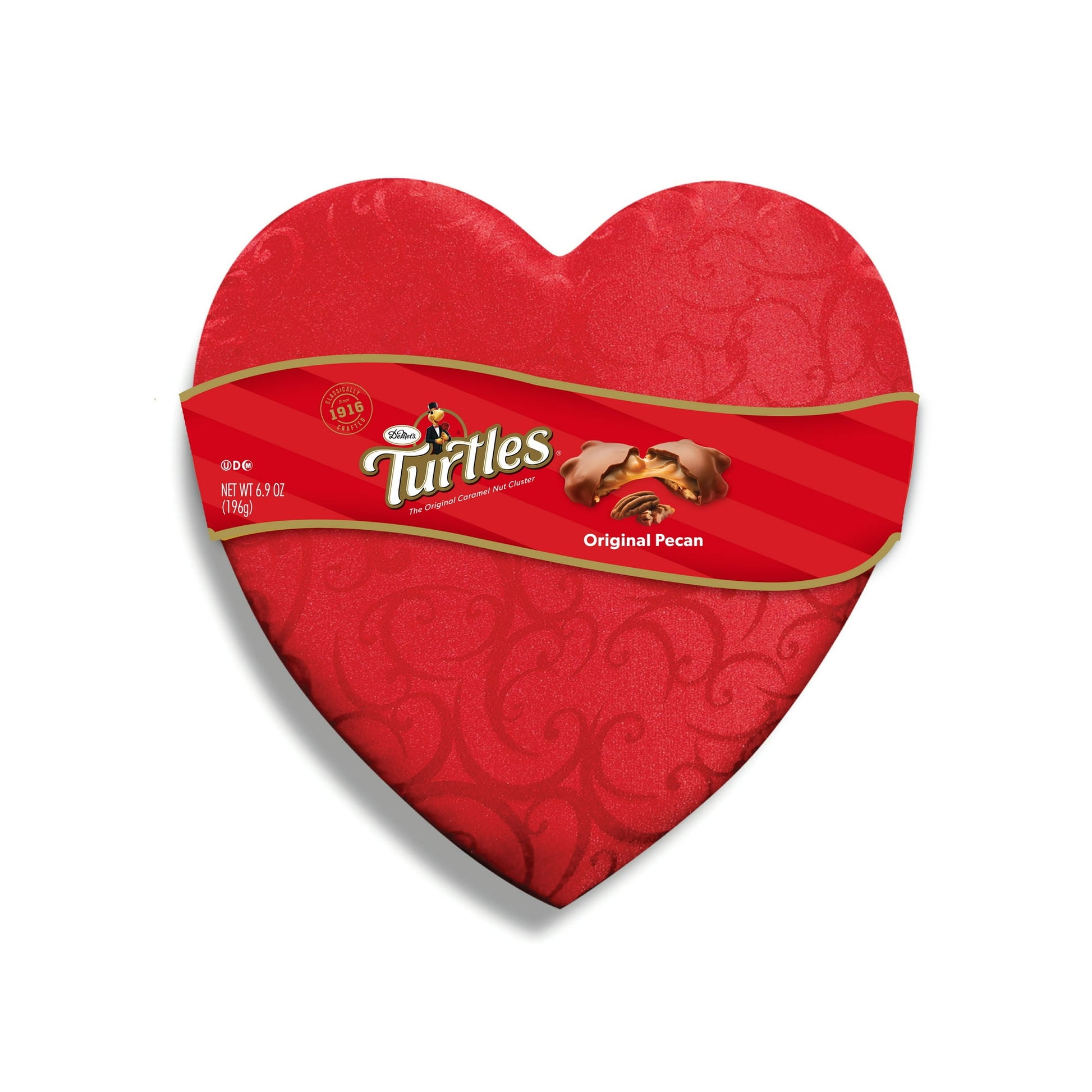 Make Valentine's Day even sweeter with DeMet's TURTLES The Original Caramel Nut Cluster Valentine's Satin Heart, 6.9 oz, 12 pieces. Every crave-worthy bite is perfectly balanced, with just the right amount of luscious milk chocolate, creamy caramel and crunchy pecans. Give your Valentine a deliciously satisfying, premium chocolate experience - crafted in the same time-honored tradition since 1916. Make DeMet's TURTLES your irresistible indulgence this Valentine's Day and keep life sweet!