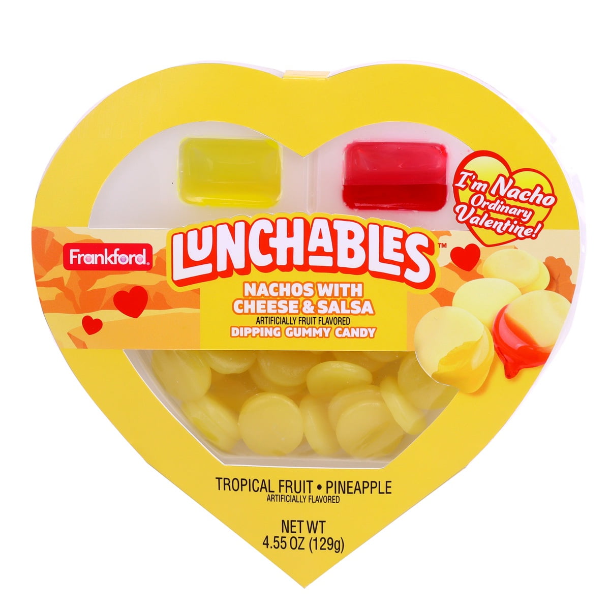 Lunchables Nachos with Cheese & Salsa Candy Heart, 4.55 Ounces – If your Valentine loves "Do it yourself" candy, then this fun candy heart is a perfect gift idea! You’ll get plenty of Love when your Valentine sees this candy heart tray filled with gummy nachos and liquid candy cheese & salsa. Made with delicious Tropical Fruit & Pineapple flavored candy. "I'm Nacho Ordinary Valentine!" Looks so close to the “real thing” it will blow your mind! Net weight 4.55 ounces of dipping candy. Small objects like cand