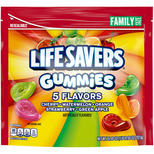 Who could resist the simple joy of the soft, chewy, fruity goodness of LIFE SAVERS Gummies Candy? Who would want to? The classic combination of cherry, watermelon, green apple, strawberry, and orange flavors in LIFE SAVERS 5 Flavors Gummies recalls the treats we enjoyed growing up. From offices So give yourself a moment to feel like a kid again with LIFE SAVERS Gummies candy: A Hole Lot O Fun. The possibilities are endless with this party size bag filled with delicious, fruity LIFE SAVERS Hard Candy. Keep s