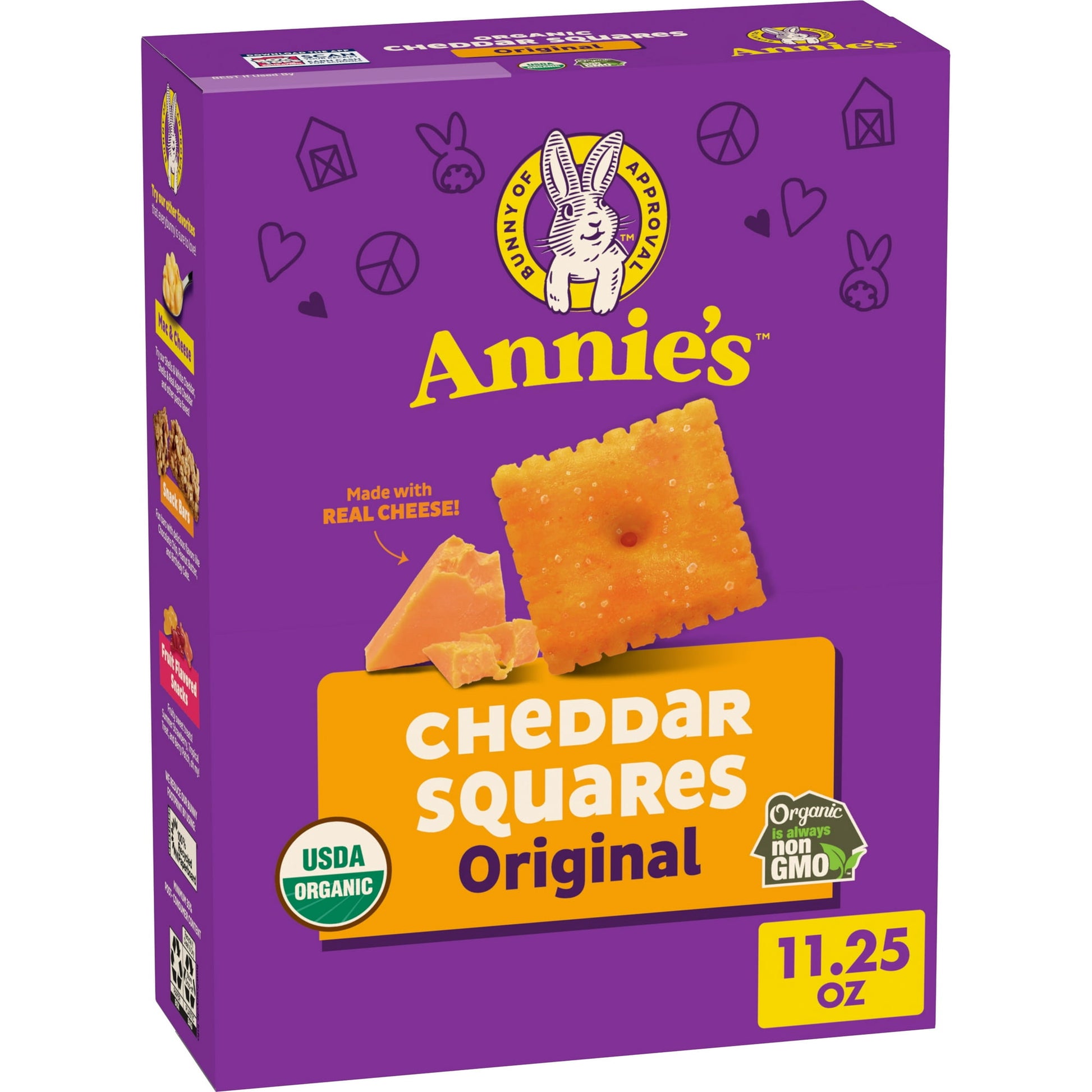 Say cheese! Annie's Organic Original Cheddar Squares Baked Snack Crackers are sure to bring a smile to your face. Non-GMO and certified USDA Organic, these snack crackers are baked with real cheese for a classic cheddar taste that kids love. Annie's Cheddar Squares are great for quick snacks or when your family is in the mood for something cheesy and crunchy. And like you'd expect from Annie's snacks, these organic crackers are made with goodness. That means no artificial flavors, synthetic colors, or high 