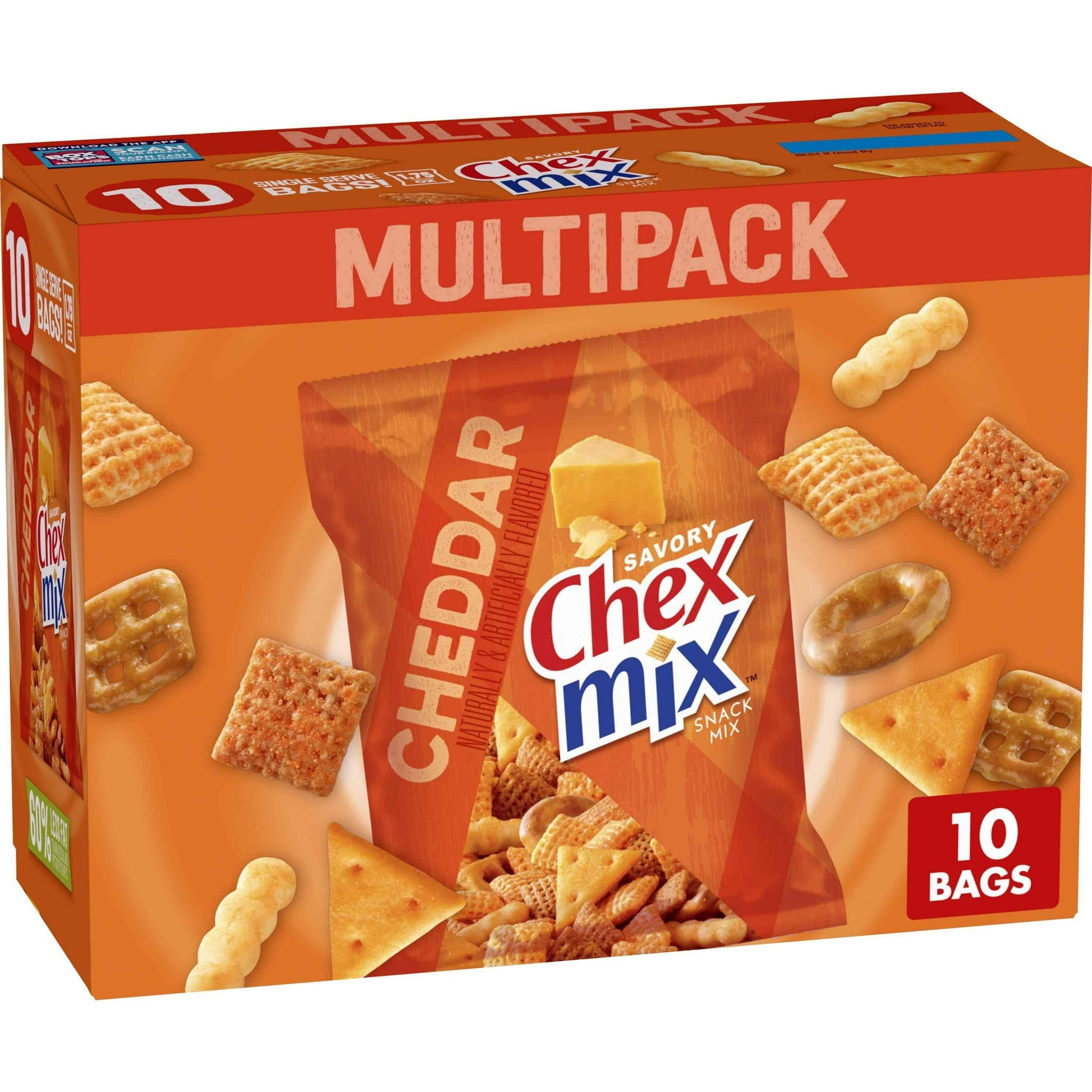 Want something savory, cheesy, and out of the ordinary? You'll find it all right here. This Chex Mix Cheddar Flavored Savory Snack Mix Multipack gives you a deliciously unpredictable combination of shapes, tastes, and textures with a cheesy finish in convenient single serve bags. With 60% less fat than regular potato chips*, this snack mix makes a great choice for school snacks or travel snacks. Make these convenient bags a tasty addition to your party snacks table. Hand some out on game days, for movie wat