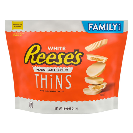 No, your eyes aren't playing tricks on you: REESE'S THiNS candy really is that thin! Indulge in the sweet combination of white creme and peanut butter with these deliciously proportioned candies. REESE'S THiNS white creme peanut butter cups are perfectly sized for sharing and snacking. Keep this bag on hand for a bite of something sweet if you need an afternoon pick-me-up or want an easy, on-the-go snack. Ready to kick your movie night up a notch? Share a family pack of these individually wrapped candies to