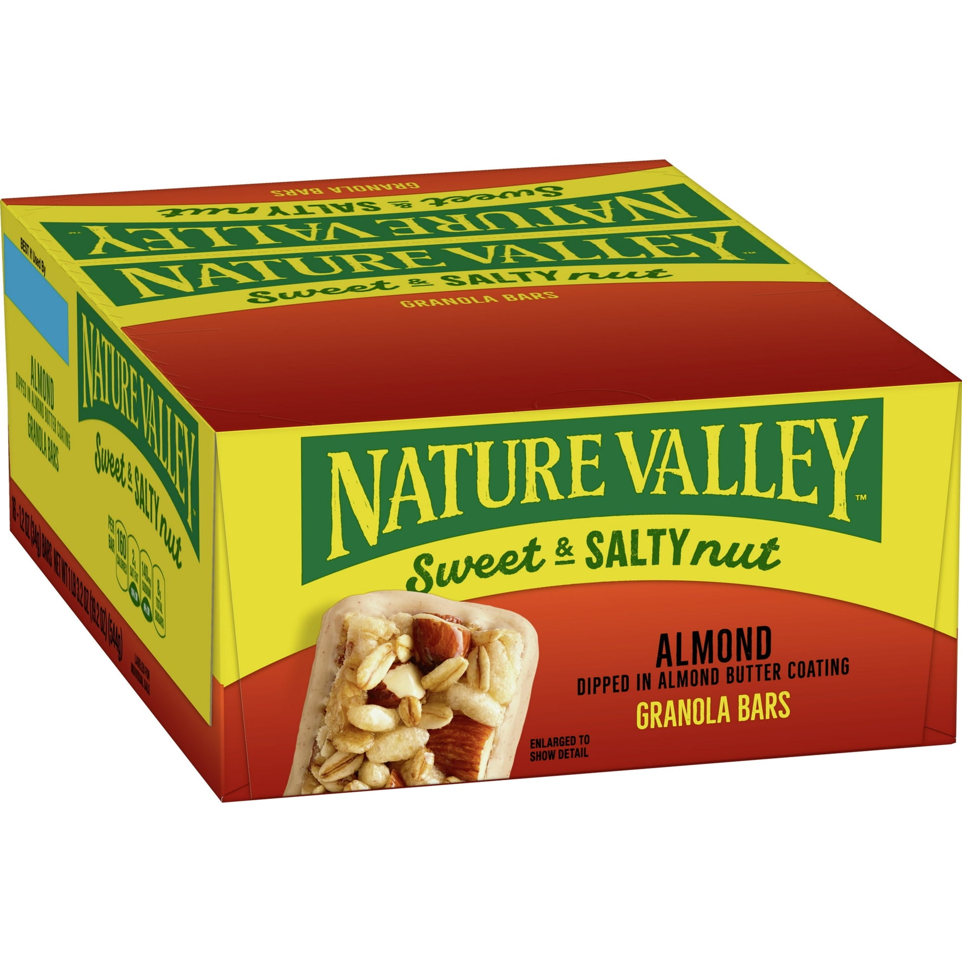 Sweet. Salty. Adventure-ready. Nature Valley Sweet & Salty Nut Almond Granola Bars are made with crunchy almonds, chewy granola and dipped in a creamy almond butter coating. They are packed with whole grain oats. It's a delicious crunchy almond snack the whole family can enjoy. Every bite of this snack bar provides the perfect balance of savory nuts and sweet granola. Stock up for a breakfast snack bar, an office snack or an on-the-go treat. Make them your go-to for convenient road trip snacks or a between 