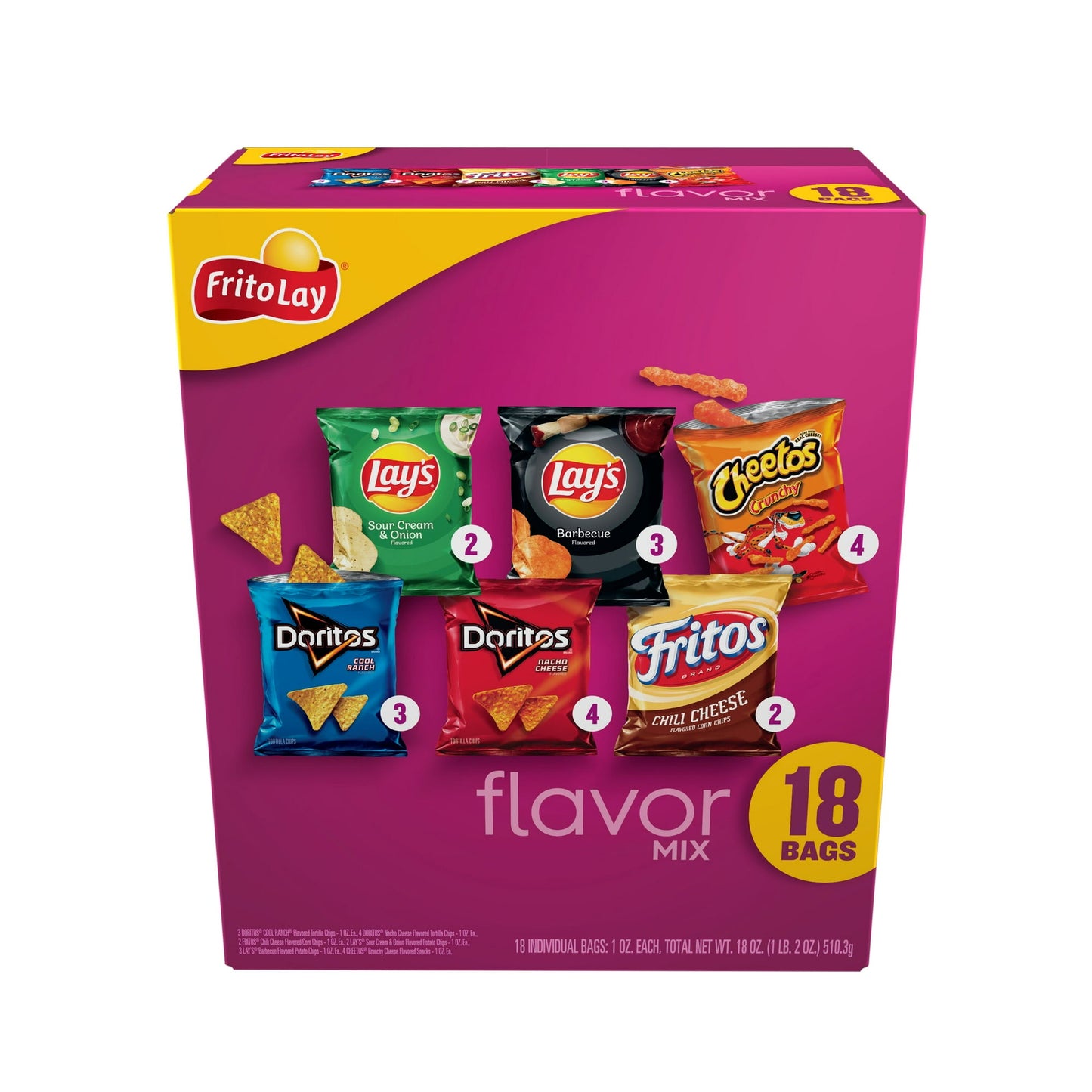 Frito-Lay Variety Packs provides the perfect portion size and variety to keep your entire family happy. No matter what the occasion from stocking the pantry, to your next family party, to the lunch box, or even a desk break, all you have to do is grab a pack and go! With a wide variety of flavors, there is something for everyone to snack on in an easy to grab, individual package. Shelf-Stable / Ambient. Multipack Retail Packaging. Frito-Lay Chips and Snacks. Perfect for on the go snacking and adventures the