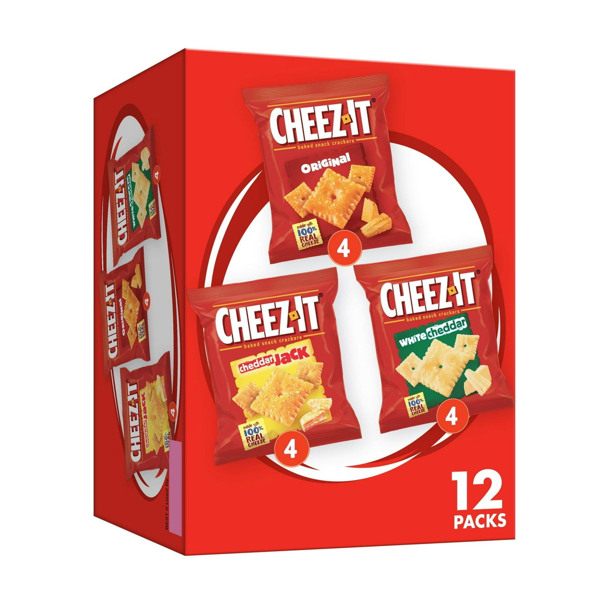 Outrageously cheesy and perfectly portable, these pouches of Cheez-It baked snack crackers contain deliciously crunchy little crackers that have captured cheese-lovers for decades. This variety pack includes Original, White Cheddar, and Cheddar Jack flavors, enough flavors to satisfy any snack craving. Each lightly salted crisp is loaded with bold cheesy flavor. These Cheez-It baked snack crackers are conveniently packaged for on-the-go snacking; Cheez-It baked snack crackers are an on-the-go fan-favorite f